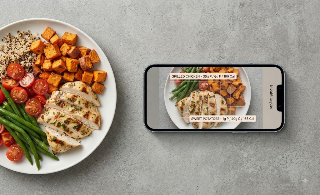 Meal Analyzer scanning a plate of grilled chicken, sweet potatoes and quinoa, labeling each item with protein, fat and calorie estimates